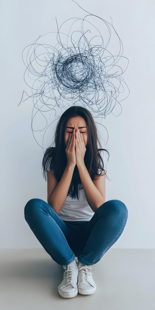 Frau hockt vor einer Wand, die Hände vorm Gesicht, Verknotete Fäden als Symbol für Stress und innere Anspannung im Körper